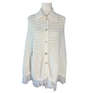 Vintage Jolie Loose Knit Button Down Cape, Collar, Fringe in White, One Size